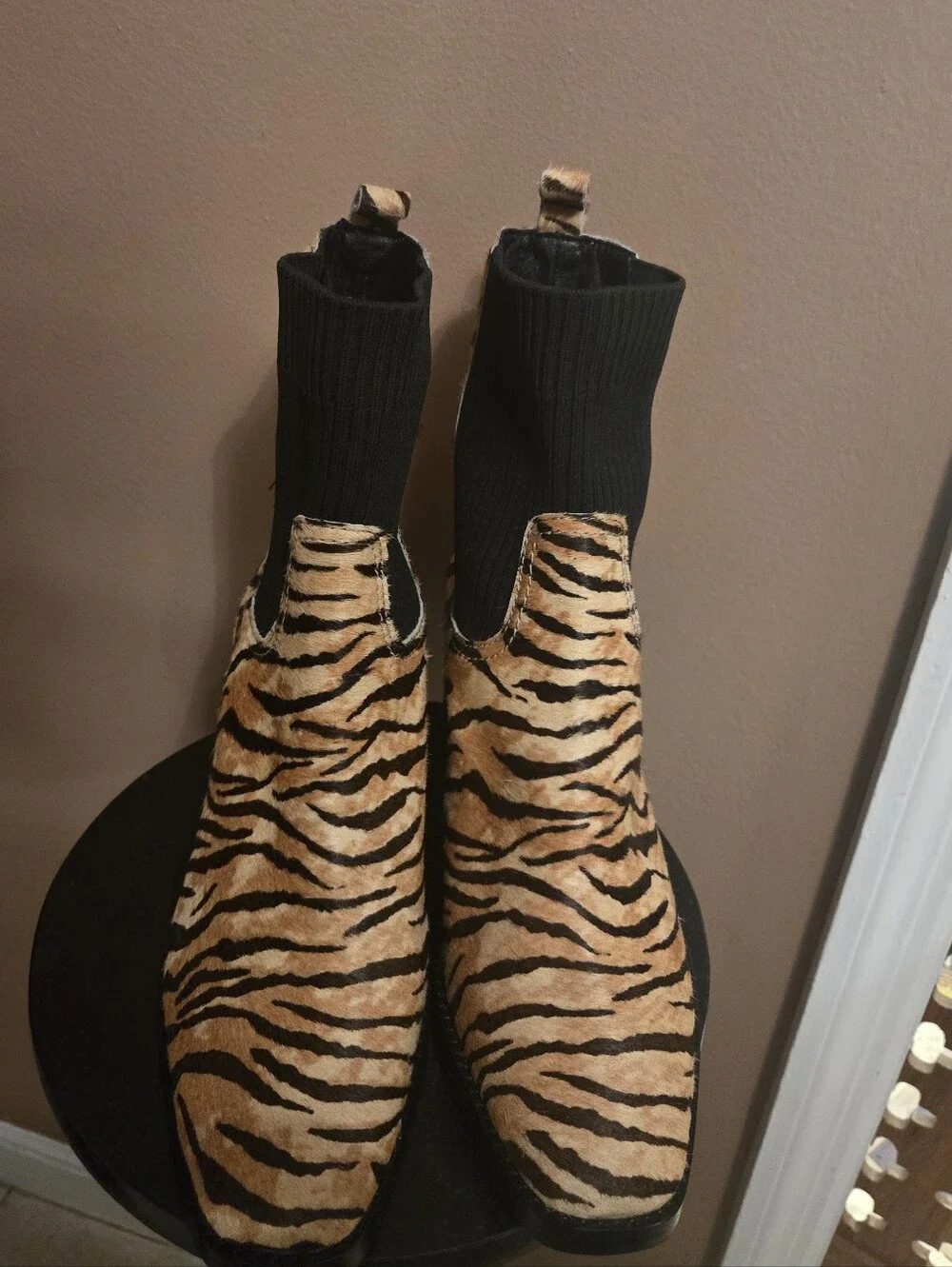 NWOT Silent D Nirvani Knit Chelsea Tiger Print Ankle Boots with Black Knit Shaft